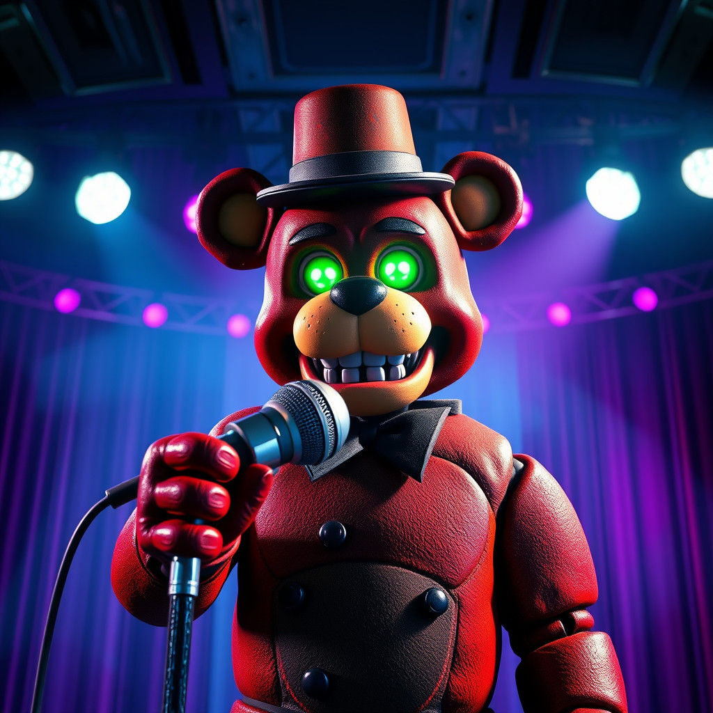 Animatronic Freddy Fazbear on Stage with Microphone