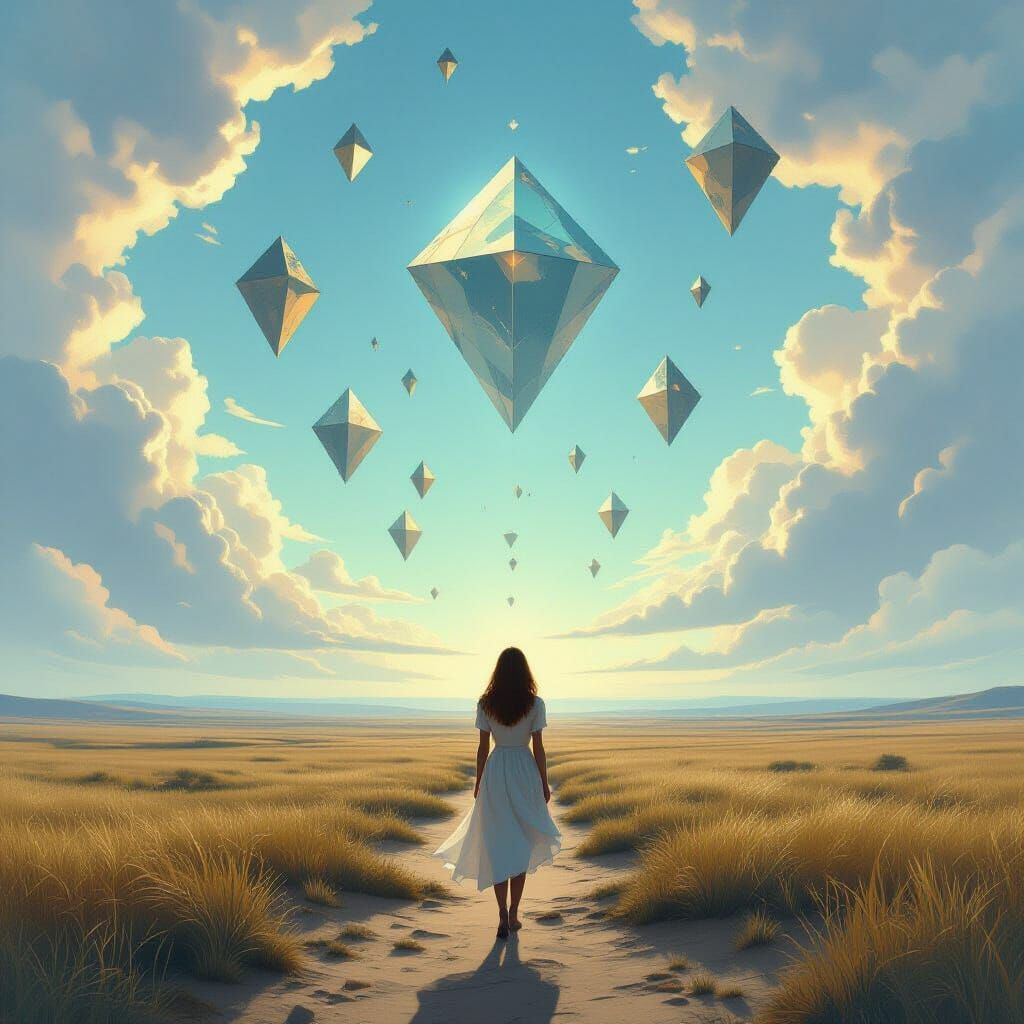 Woman Gazing at Floating Islands in Surreal Prairie Landscap...