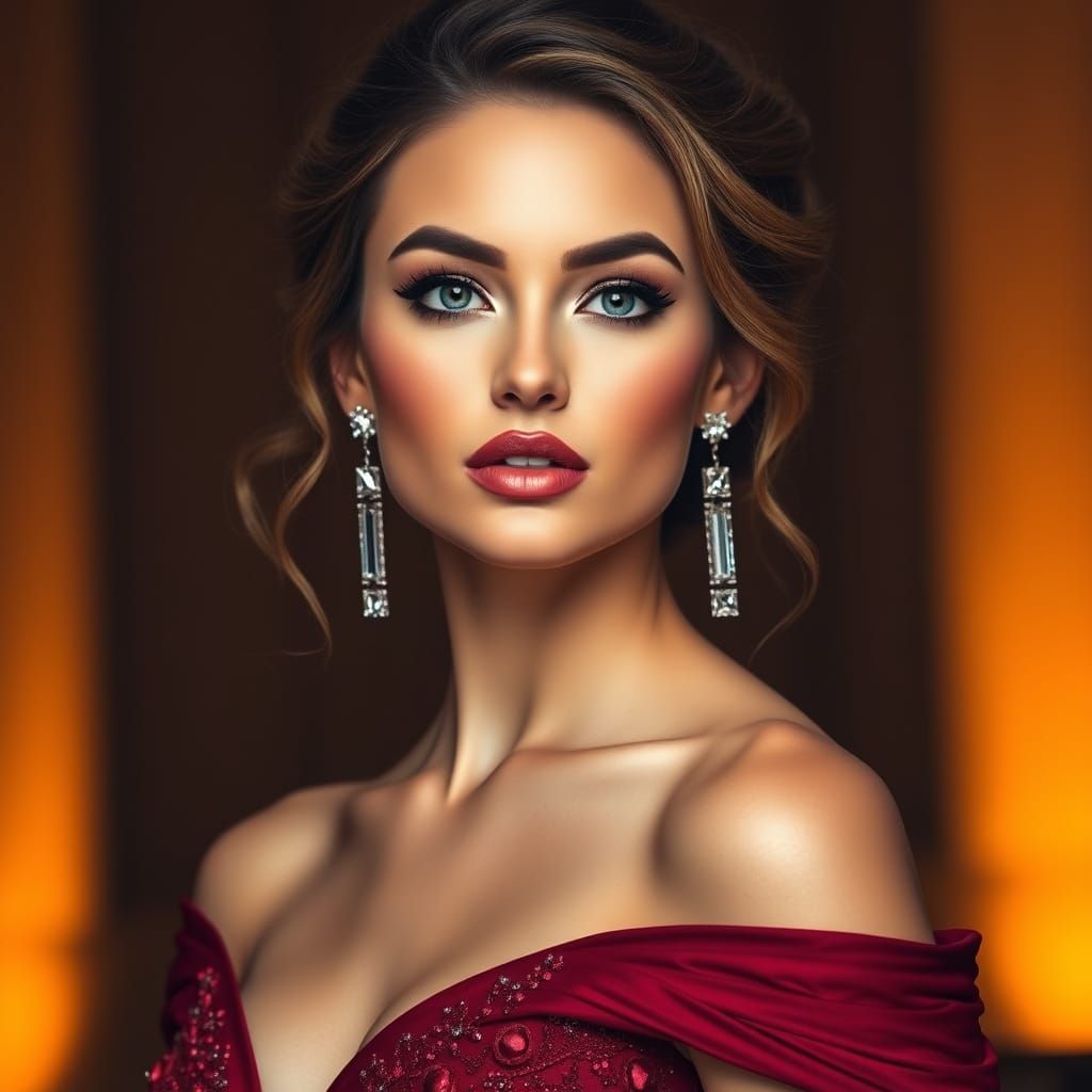 A stunning young woman with flawless, glowing skin and a soft glam makeup look. She wears elegant square crystal earring...