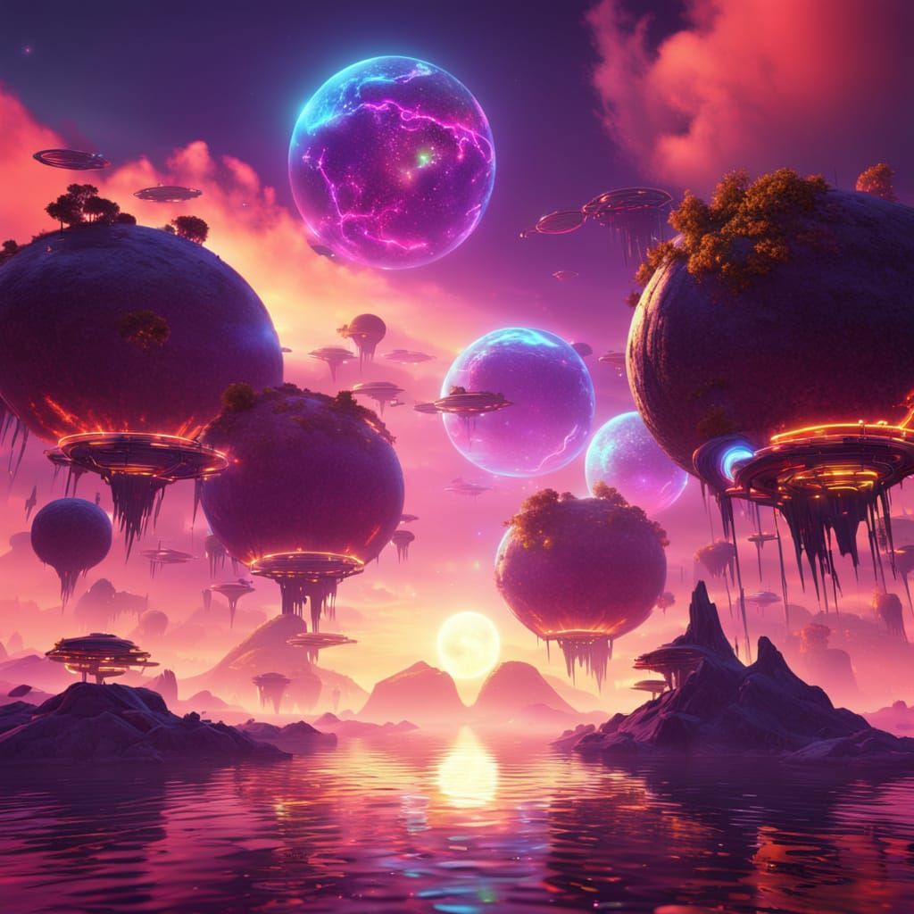 Floating Alien Islands at Sunset in Sci-Fi Style