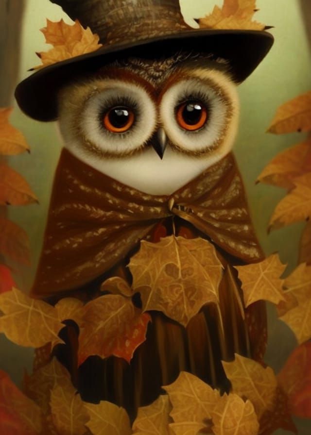 Vintage Witch Owl in Autumn Cape, Lowbrow Art