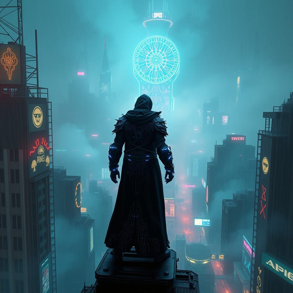 Mystical Bounty Hunter Surveys Biopunk Metropolis