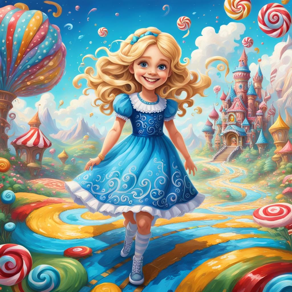 Cute Blond Girl in Candyland Gouache Painting