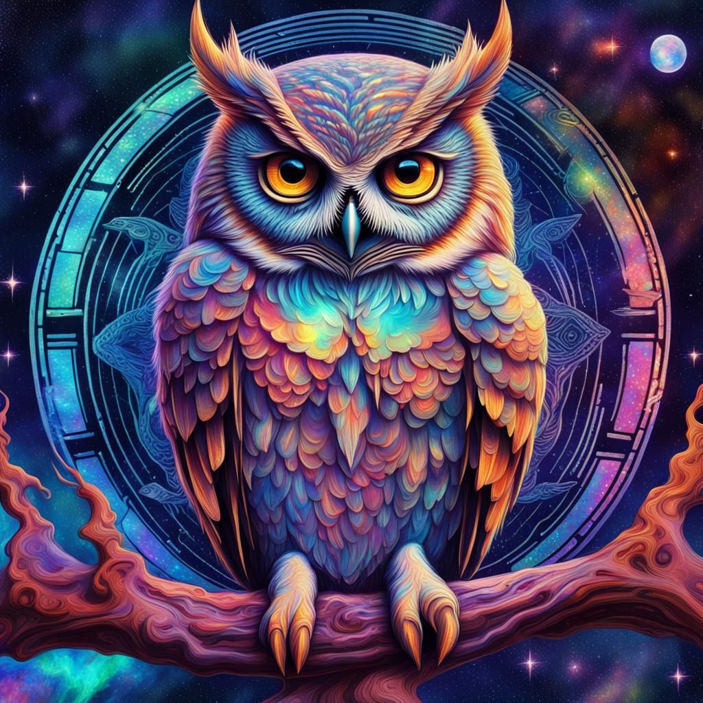 Cosmic Owl Holographic Illustration by Pablo Amaringo