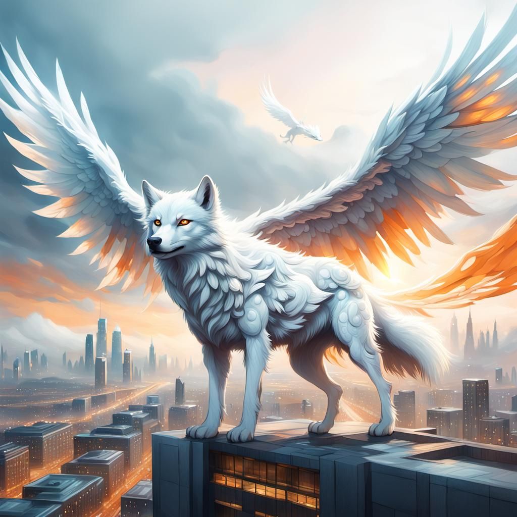 Winged White Wolf Flying Over City: Fantasy Art