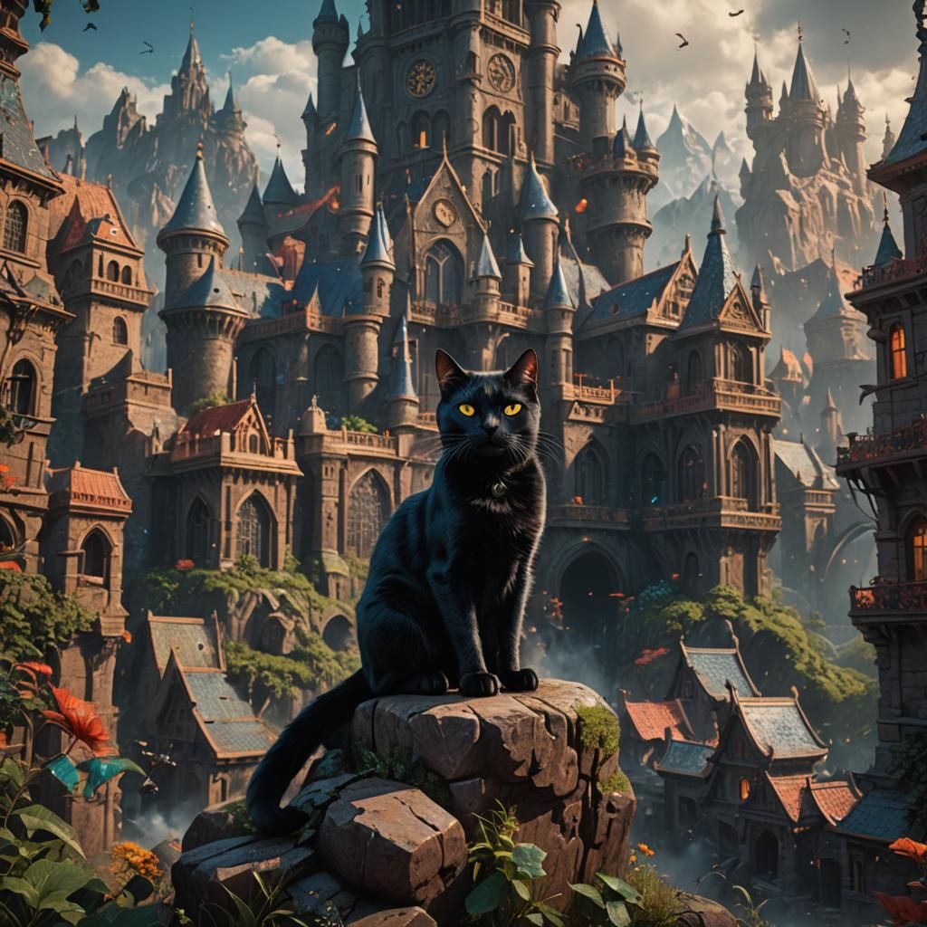 Black Cat in Front of Pyramid: Fantasy Concept Art