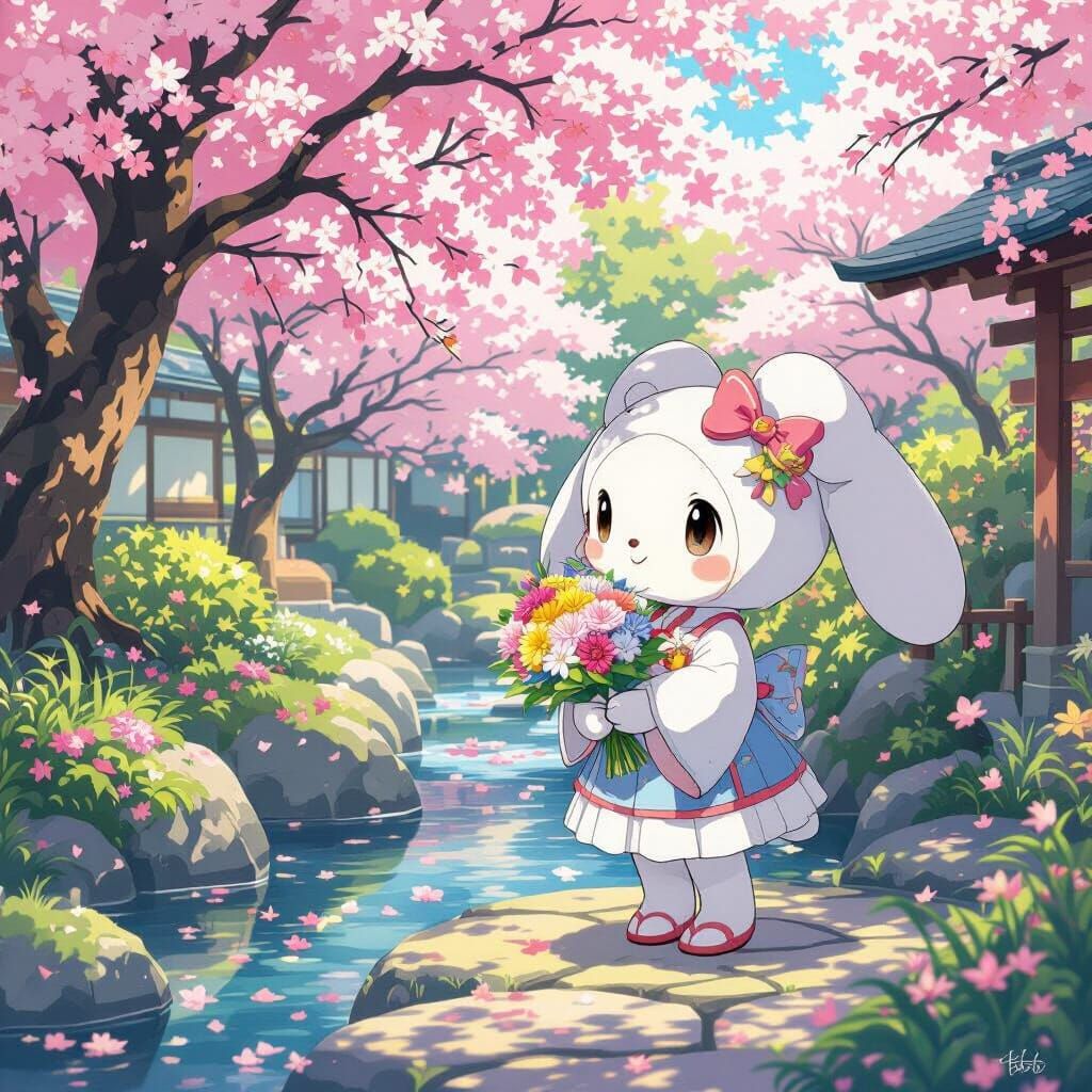 My Melody in Ghibli Anime Garden with Flowers