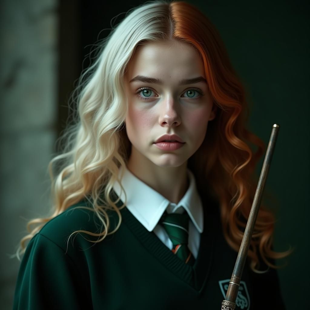 Confident Slytherin Student with Split-Color Hair