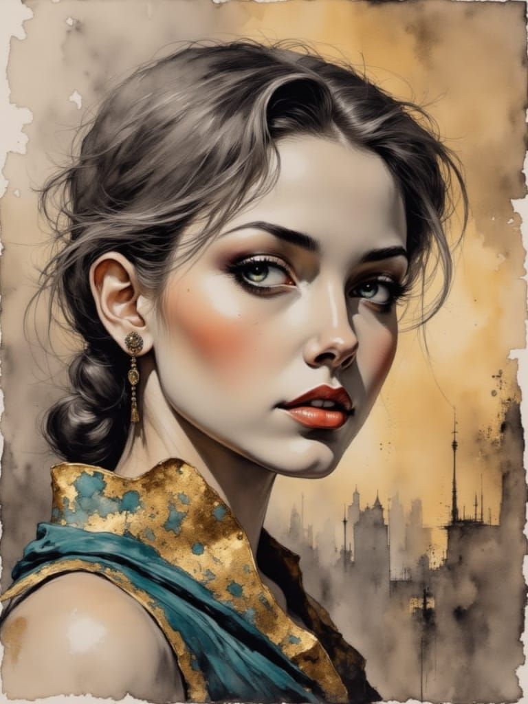 Detailed Watercolor Portrait of a Woman with Blue Eyes