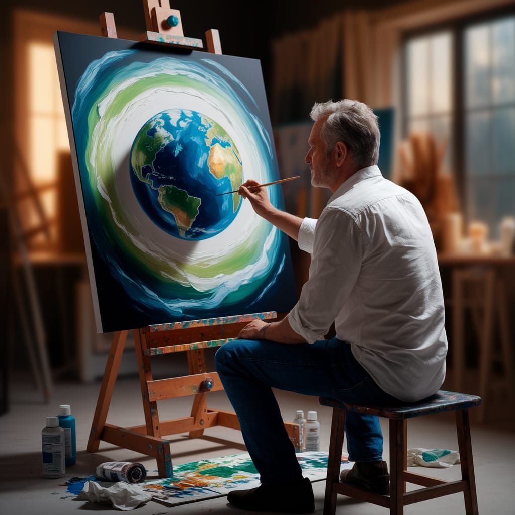Artist Painting Earth Portrait in Studio