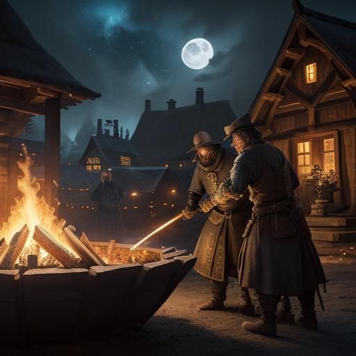 Blacksmiths Forging Metal at Night in Medieval Village