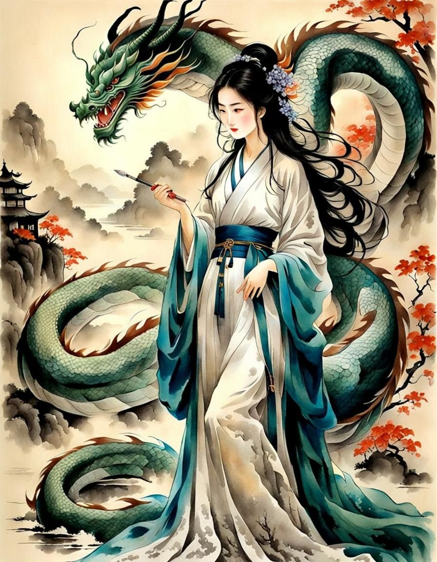 Mythical Dragon and Beauty in Chinese Ink Painting