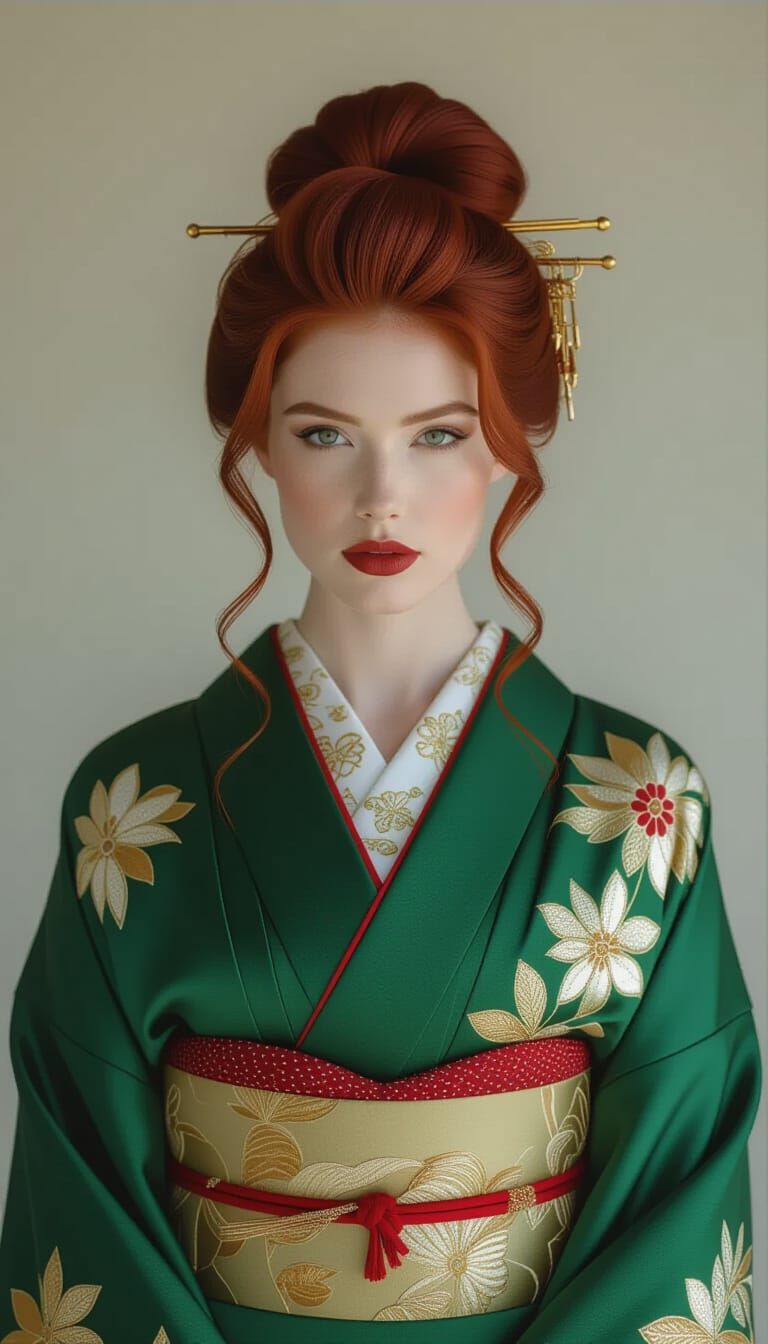 Elegant Woman with Burgundy Hair in Kimono