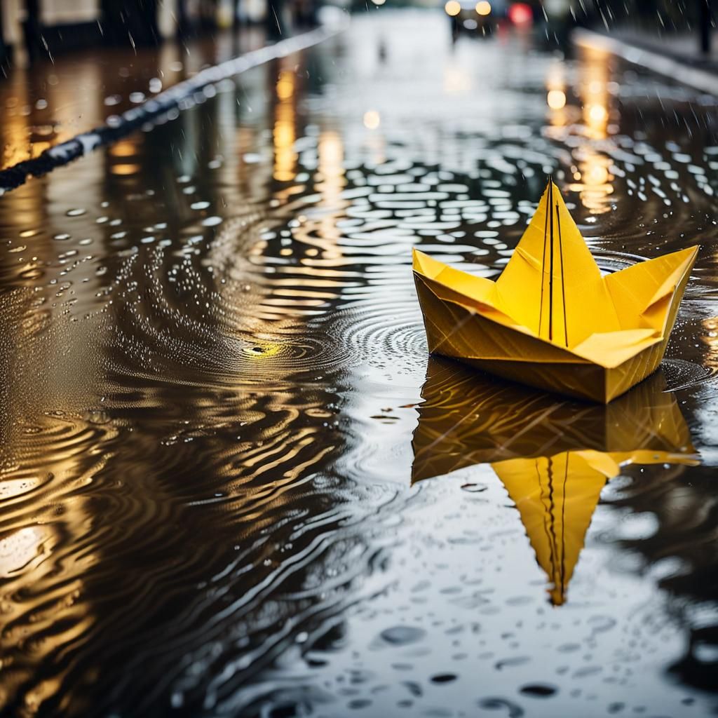 Yellow Paper Boat Sails Rainy Street