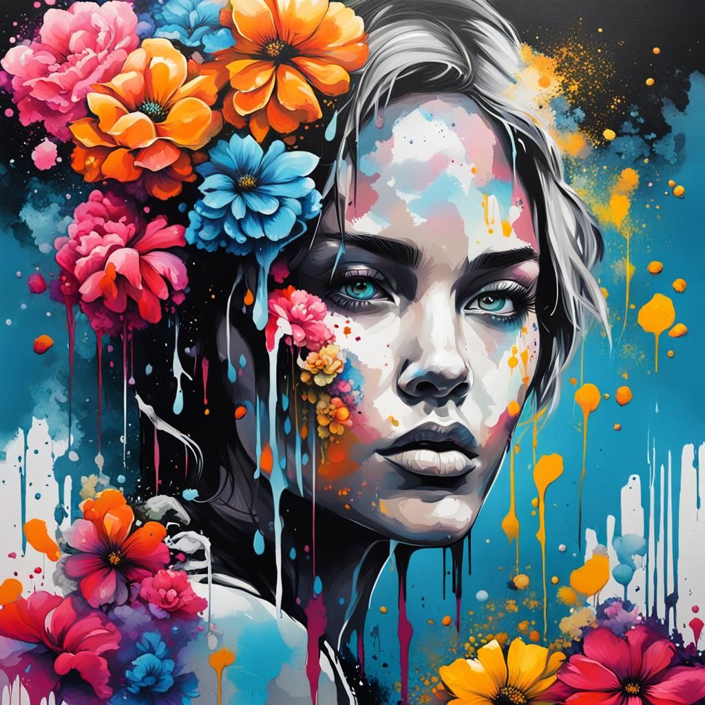 Colorful Graffiti Art of Woman with Flowers