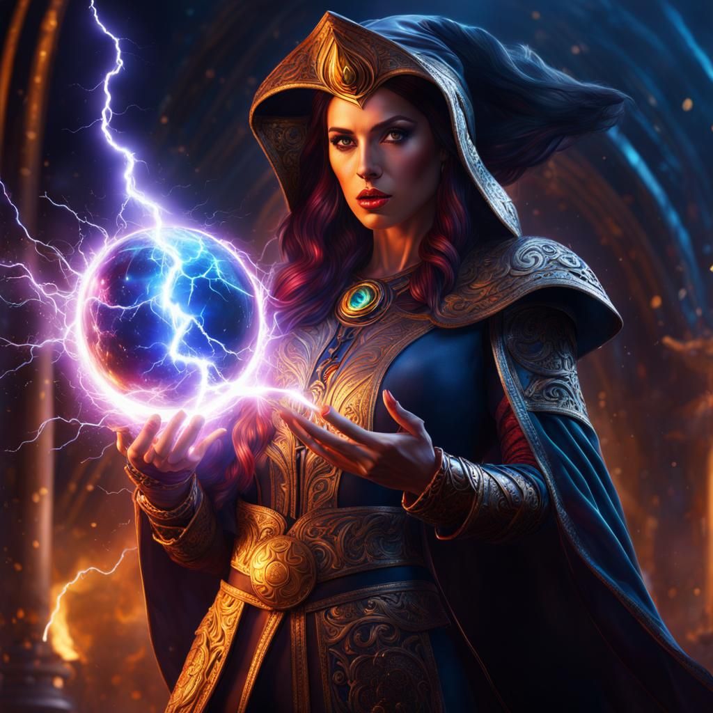 Sorceress Conjures Lightning in Detailed Digital Painting