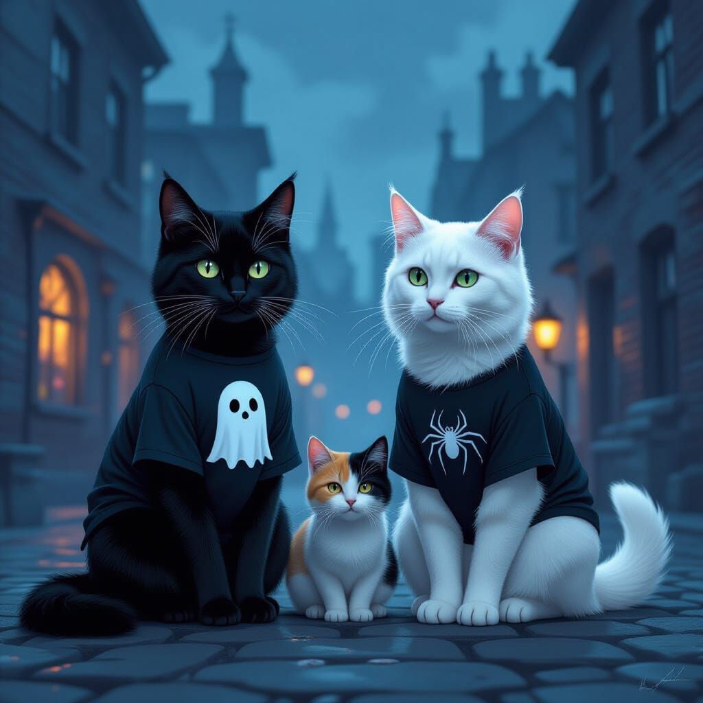 Cats in Haunted City Night Scene