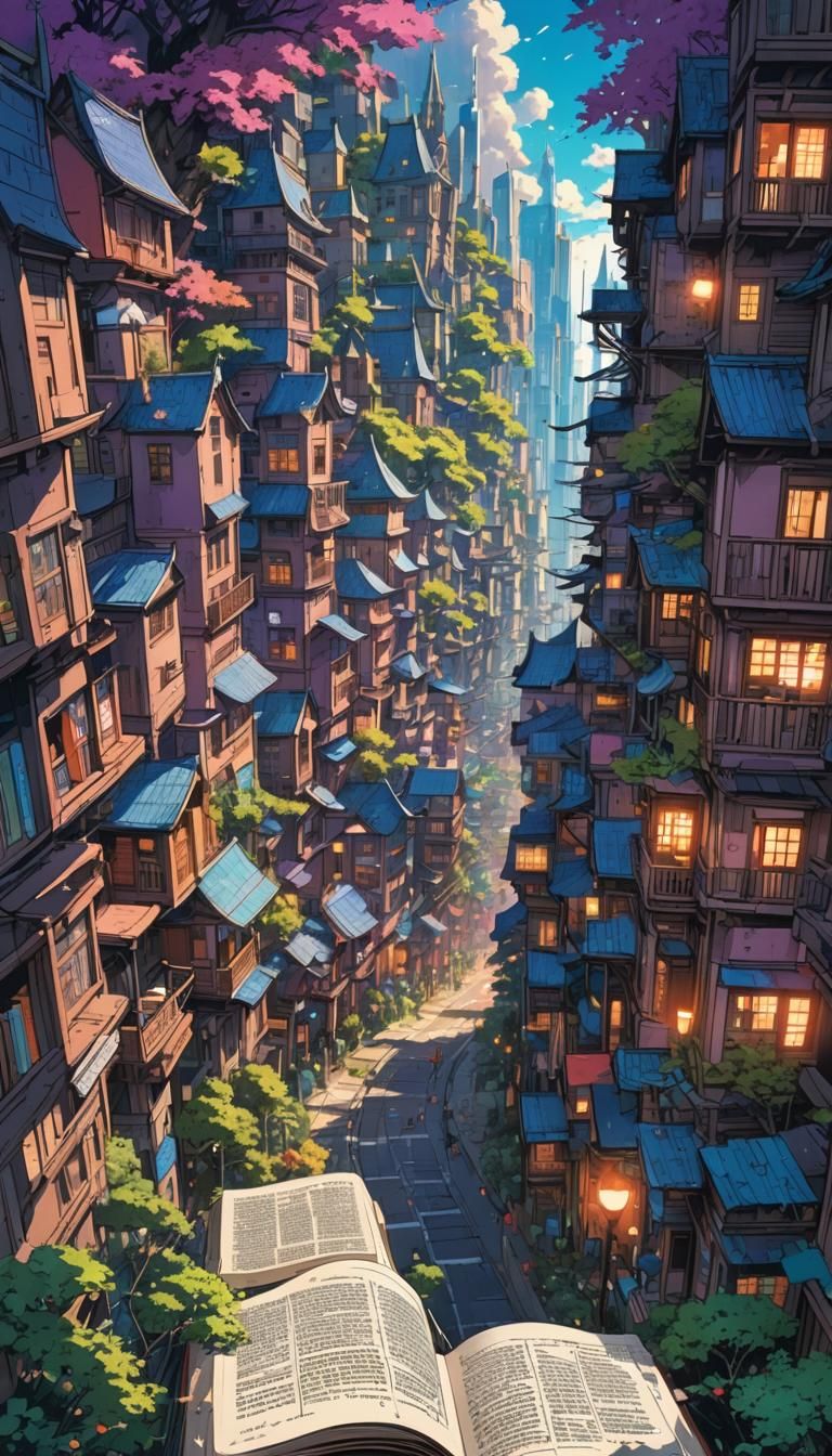 Anime Book City and Forest City in Deep Color
