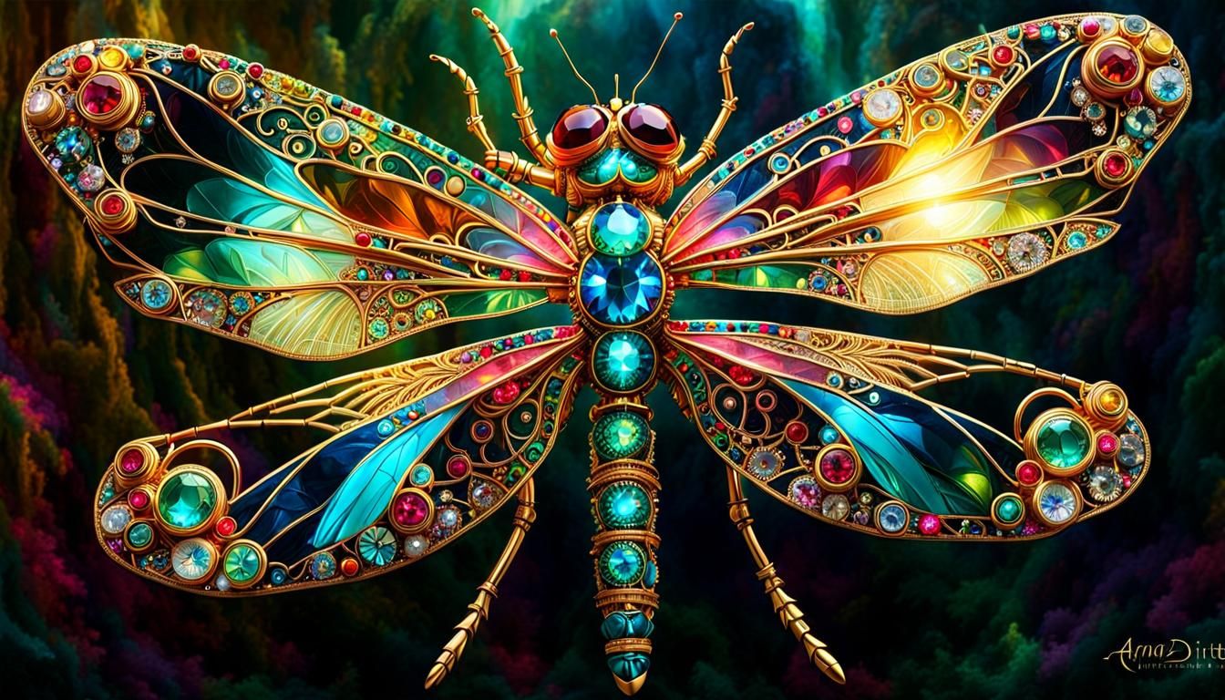 Intricate Steampunk Dragonfly with Crystal Wings
