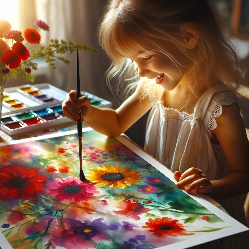 Girl Painting Watercolor Flowers in Natural Light