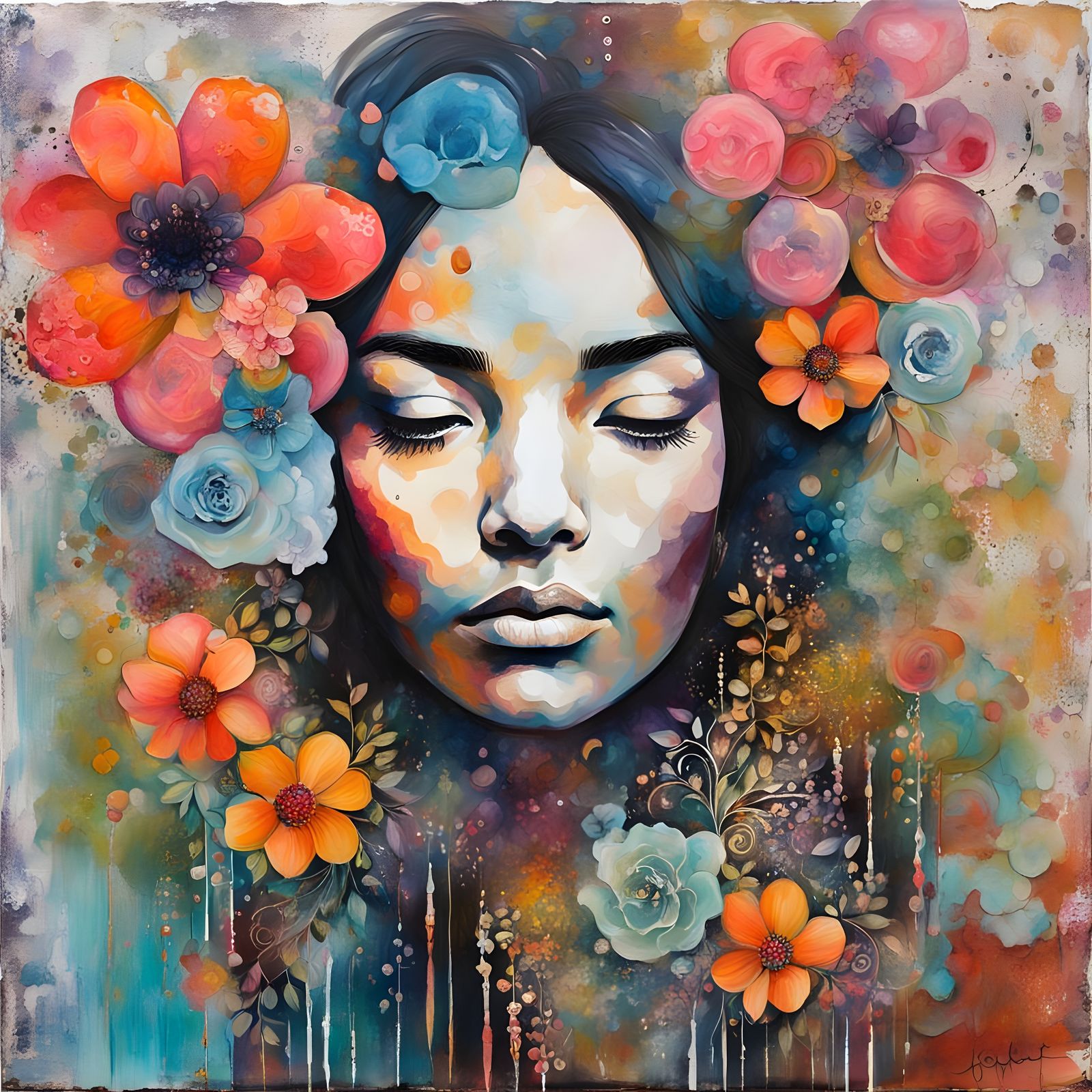 Vibrant Mixed Media Portrait with Abstract Flowers