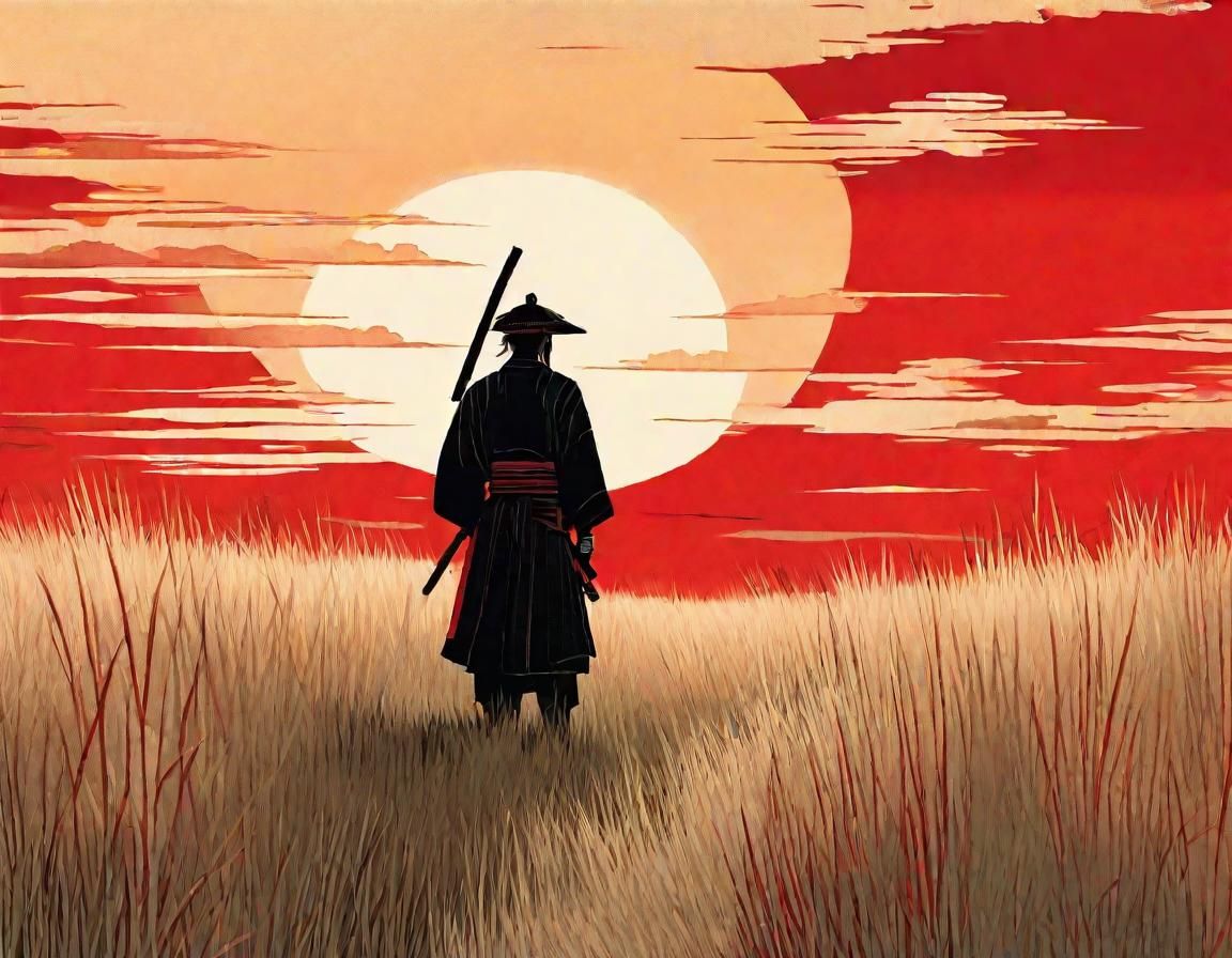 Ukiyo-e Samurai with Katana in Field of Grass