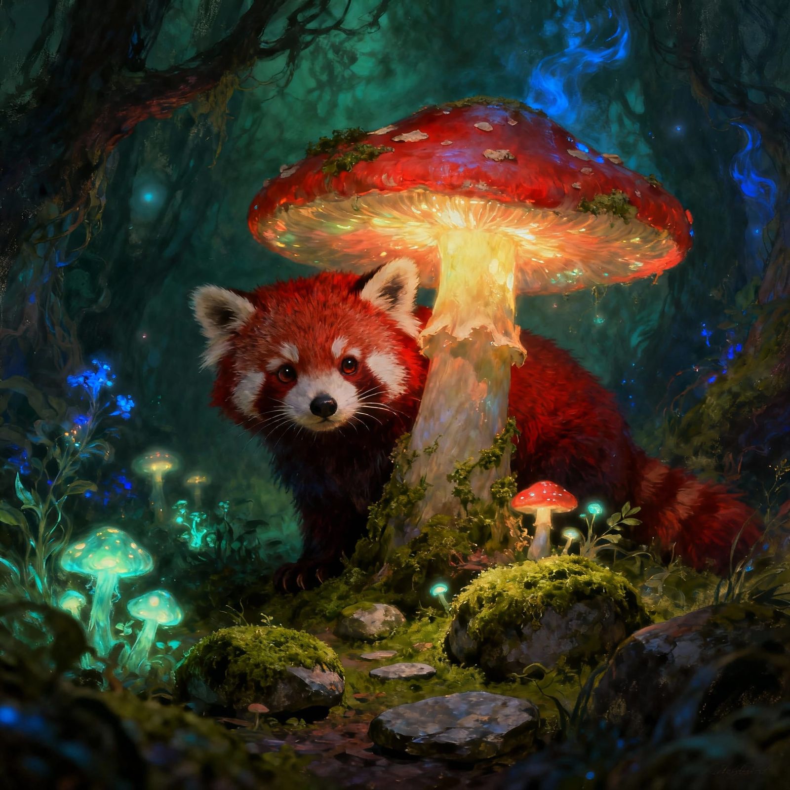 Red Panda Peeks from Giant Glowing Mushroom in Enchanted For...