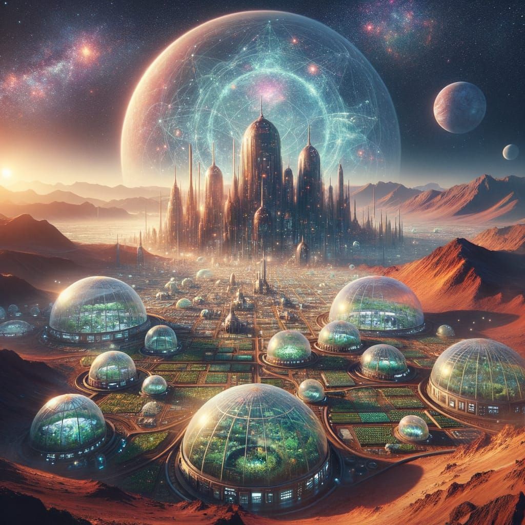Futuristic Mars City with Glass Domes and Holographic Astral...