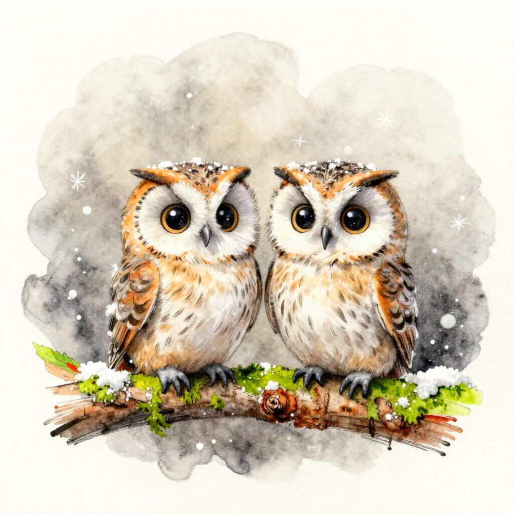Adorable Chibi Barn Owlets in Winter Watercolour Sketch