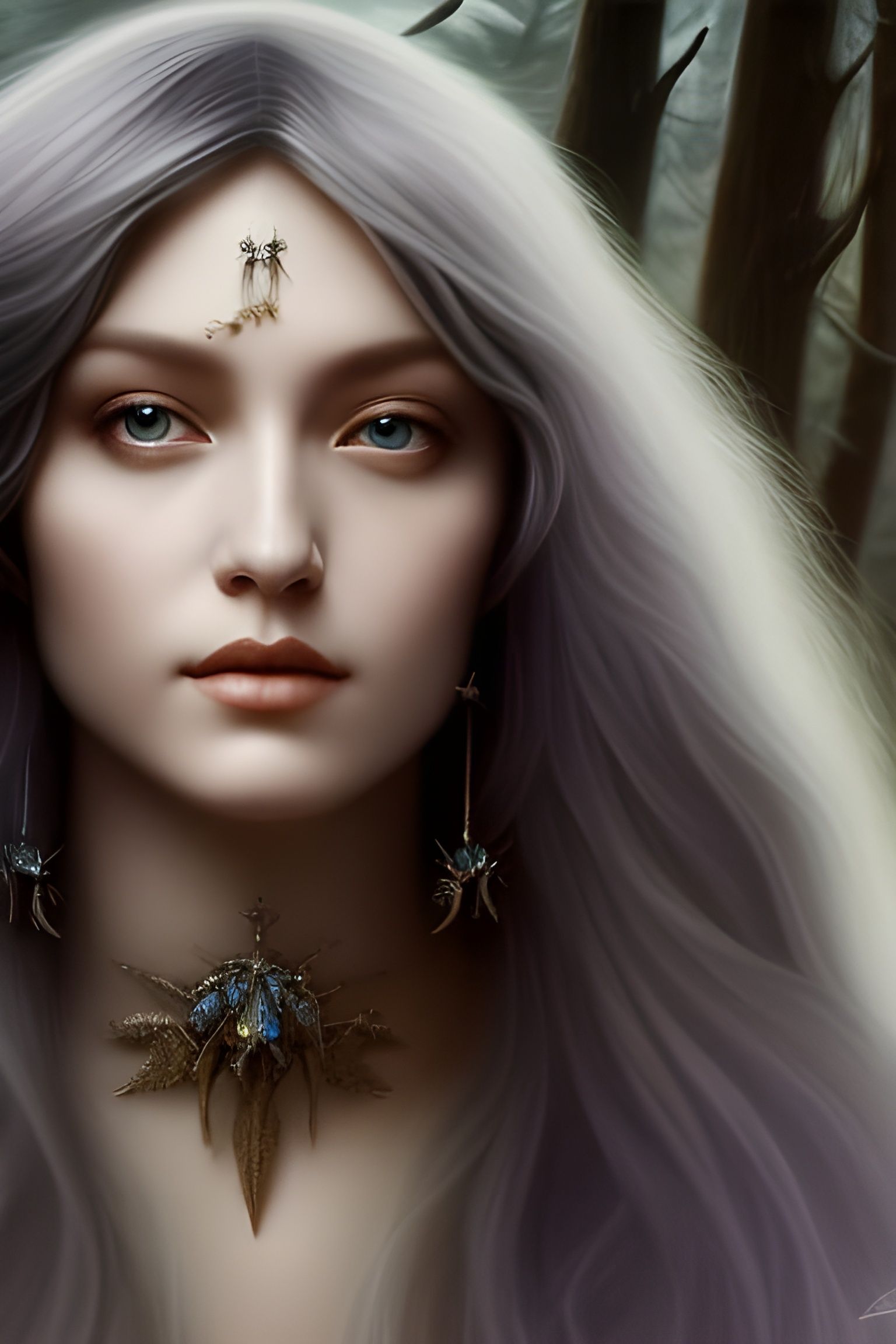 Silver-Haired Fairy Portrait in Mystical Fantasy Painting
