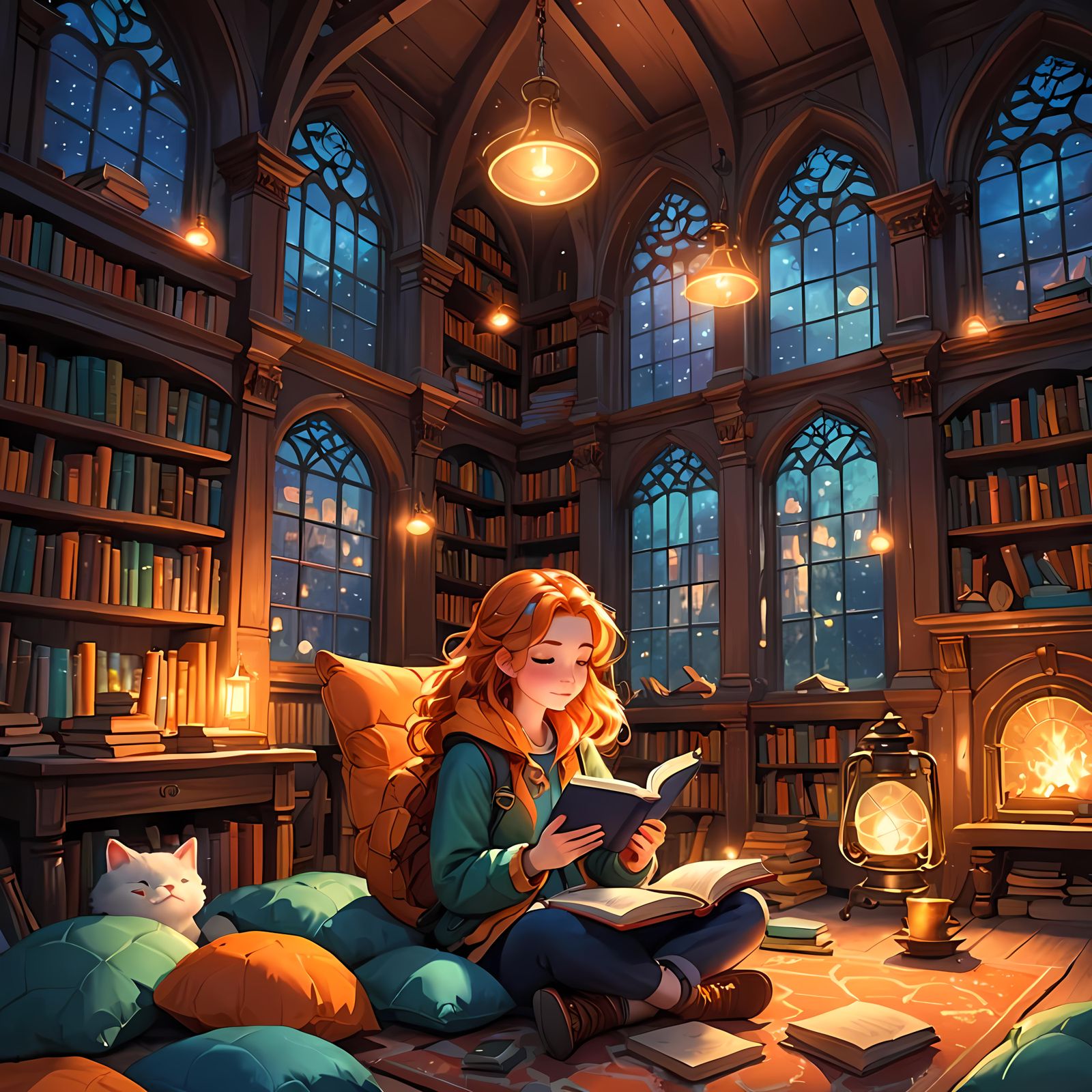 Magical Library Campsite with Girl Reading