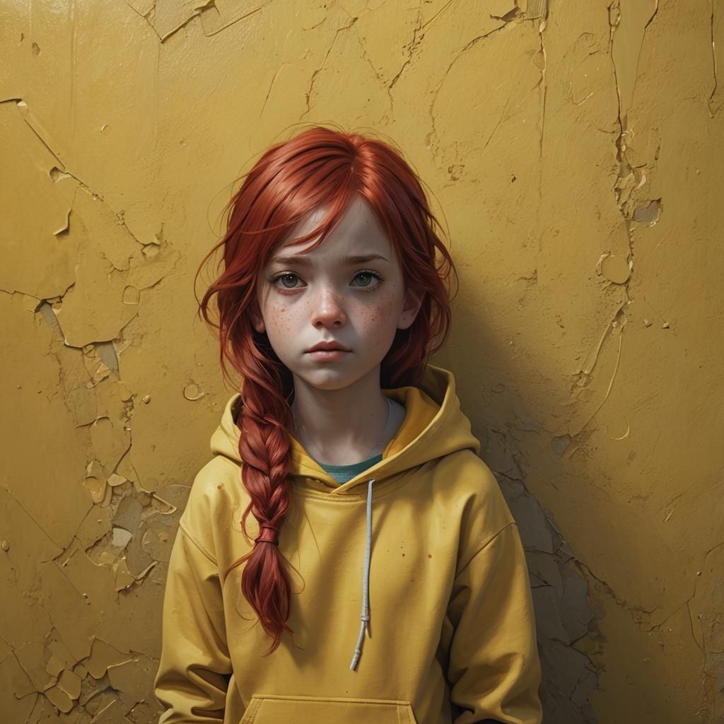 Striking Portrait of Red-Haired Girl in Yellow, Digital Art
