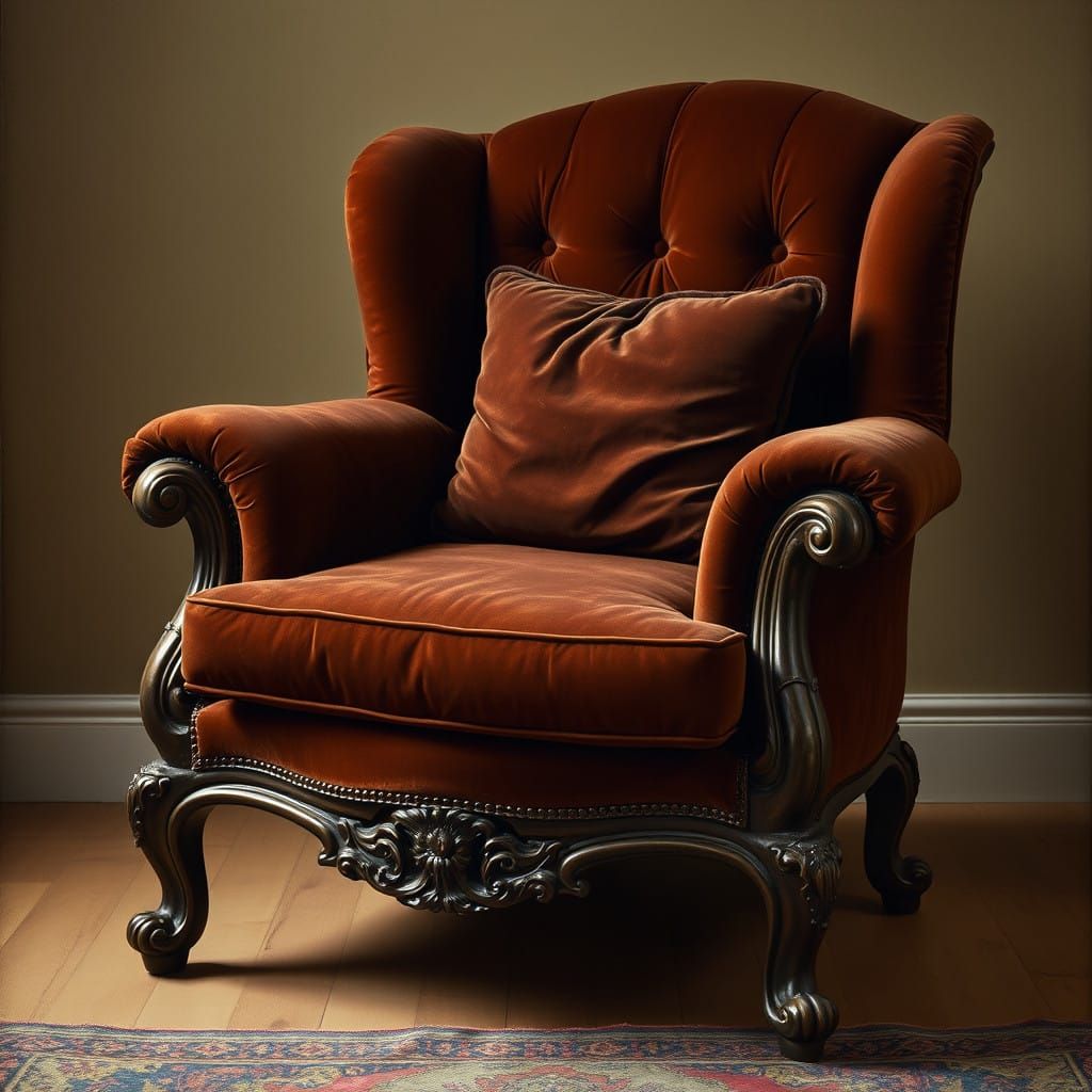 Elegant, Velvet Armchair with Intricately Carved Wooden Legs