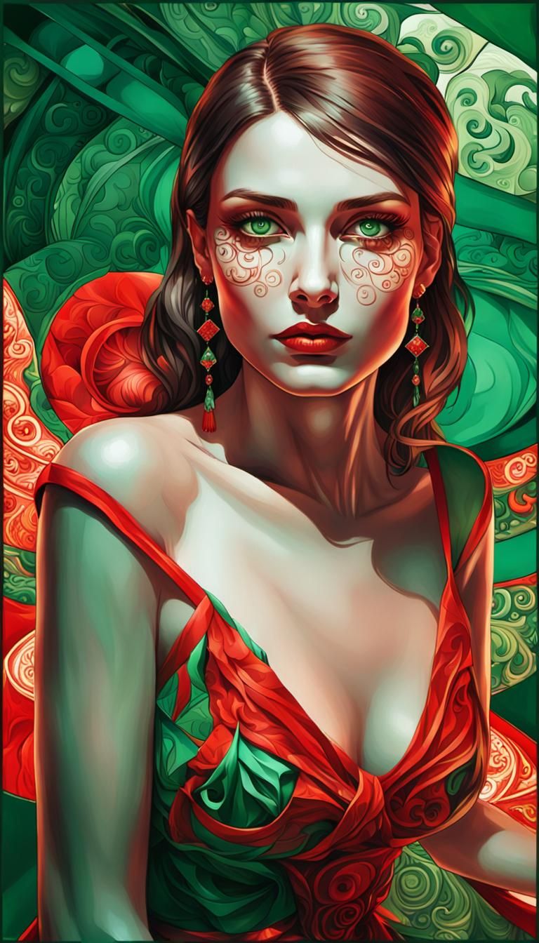 Surreal Portrait: Woman with Green Eyes in Vibrant Art