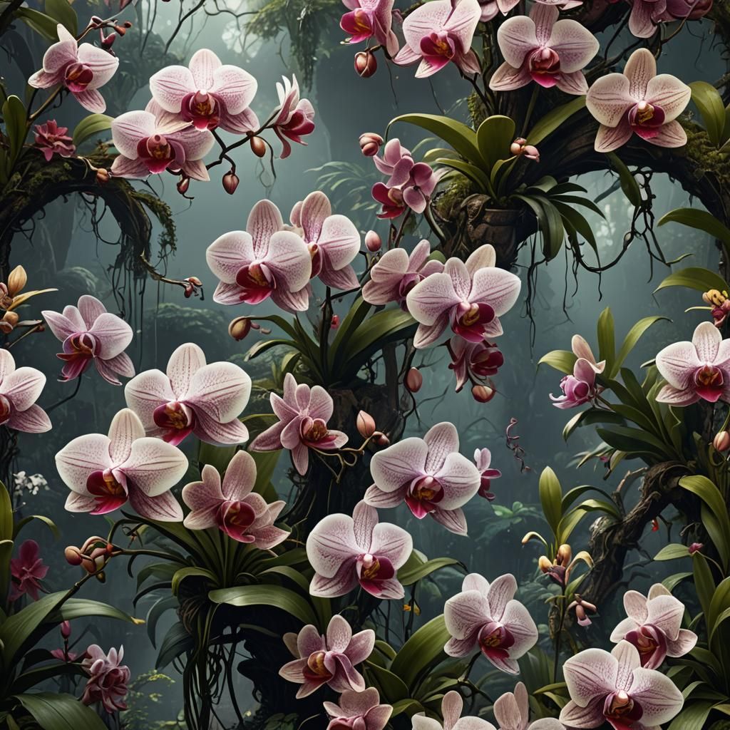 Exotic Orchids: Detailed Matte Painting in Deep Color