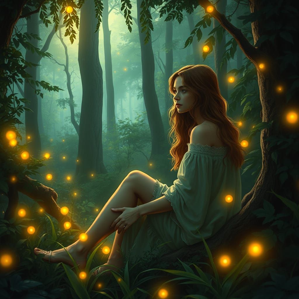 Mystical Forest Scene with Woman in Digital Art Style