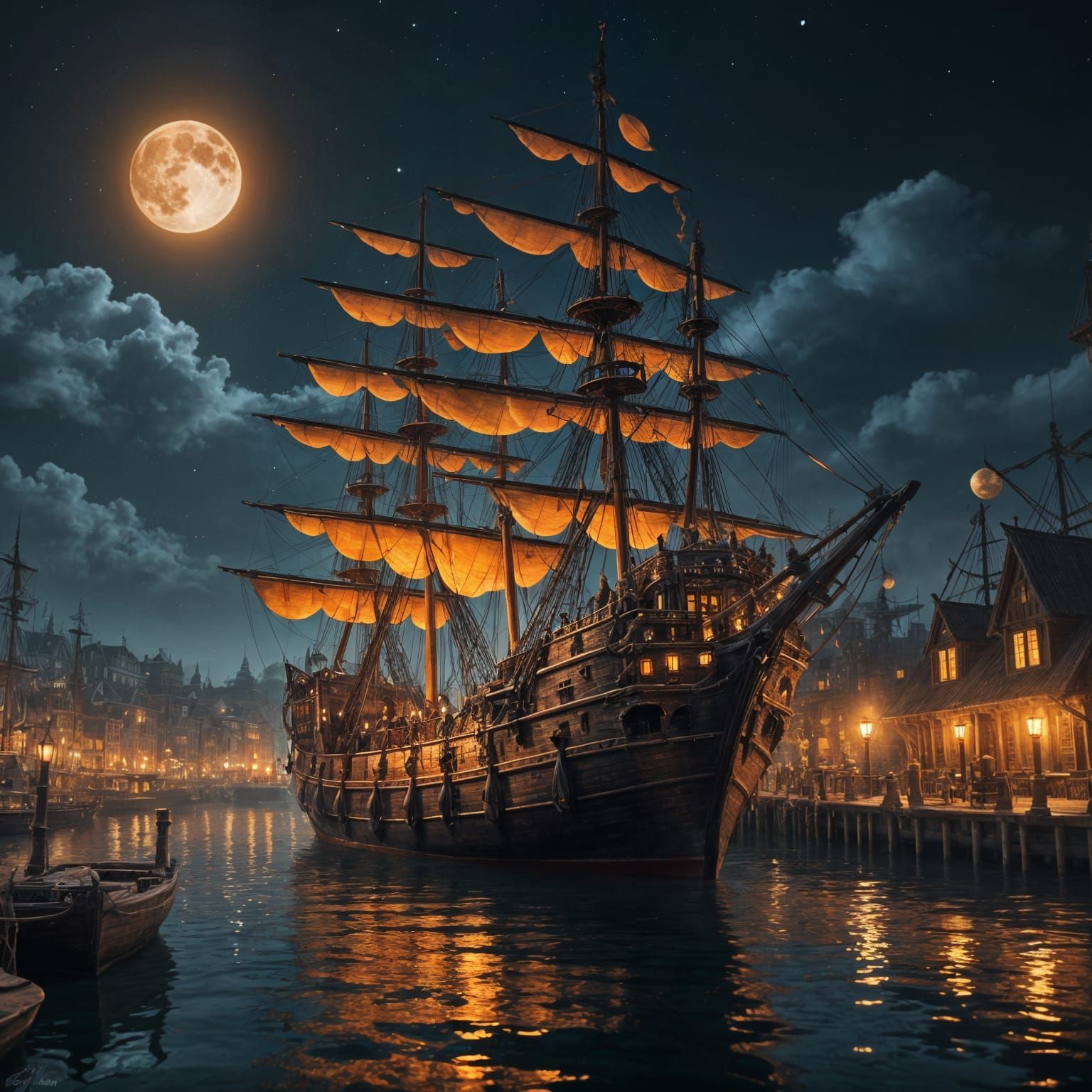 Gothic Harbor Galleon Under Fiery Moon