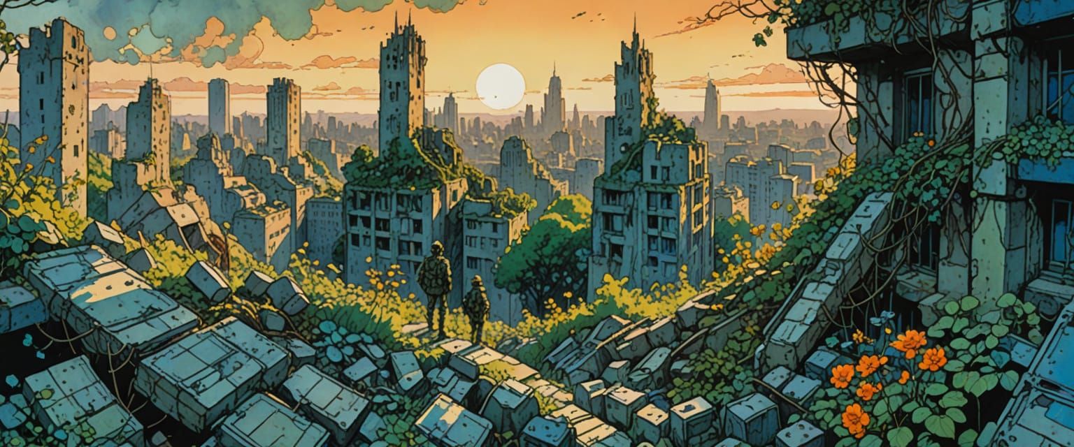 Post-Apocalyptic City Ruins in Comic Book Style