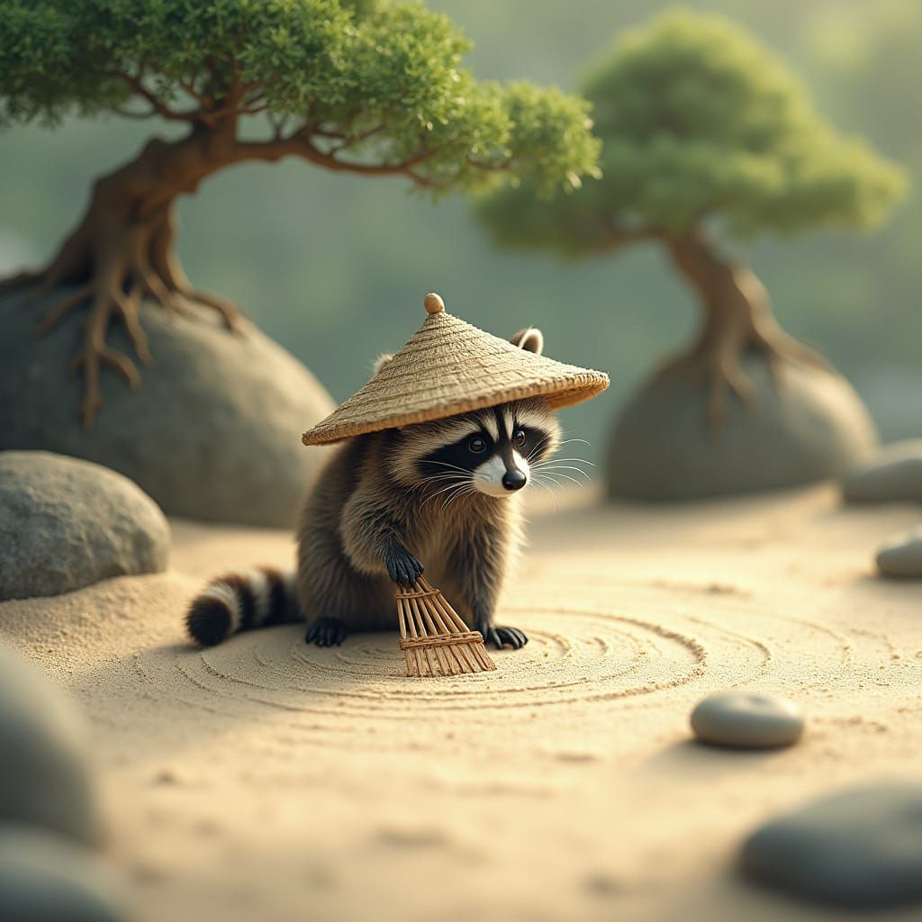 Raccoon Meditates in Zen Garden: Woodblock Print