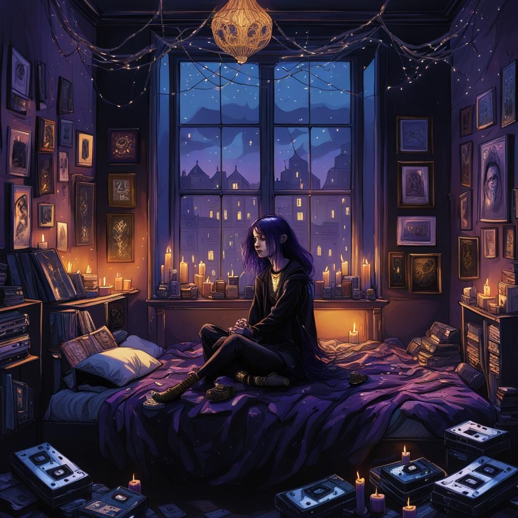 Goth Girl in Dimly Lit Bedsit: Dark Fantasy Art