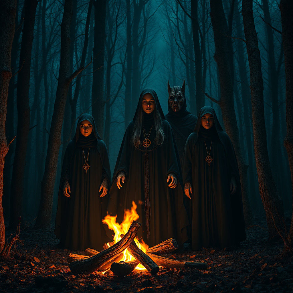 Mystical Forest Ritual with Bonfire in Dark Style