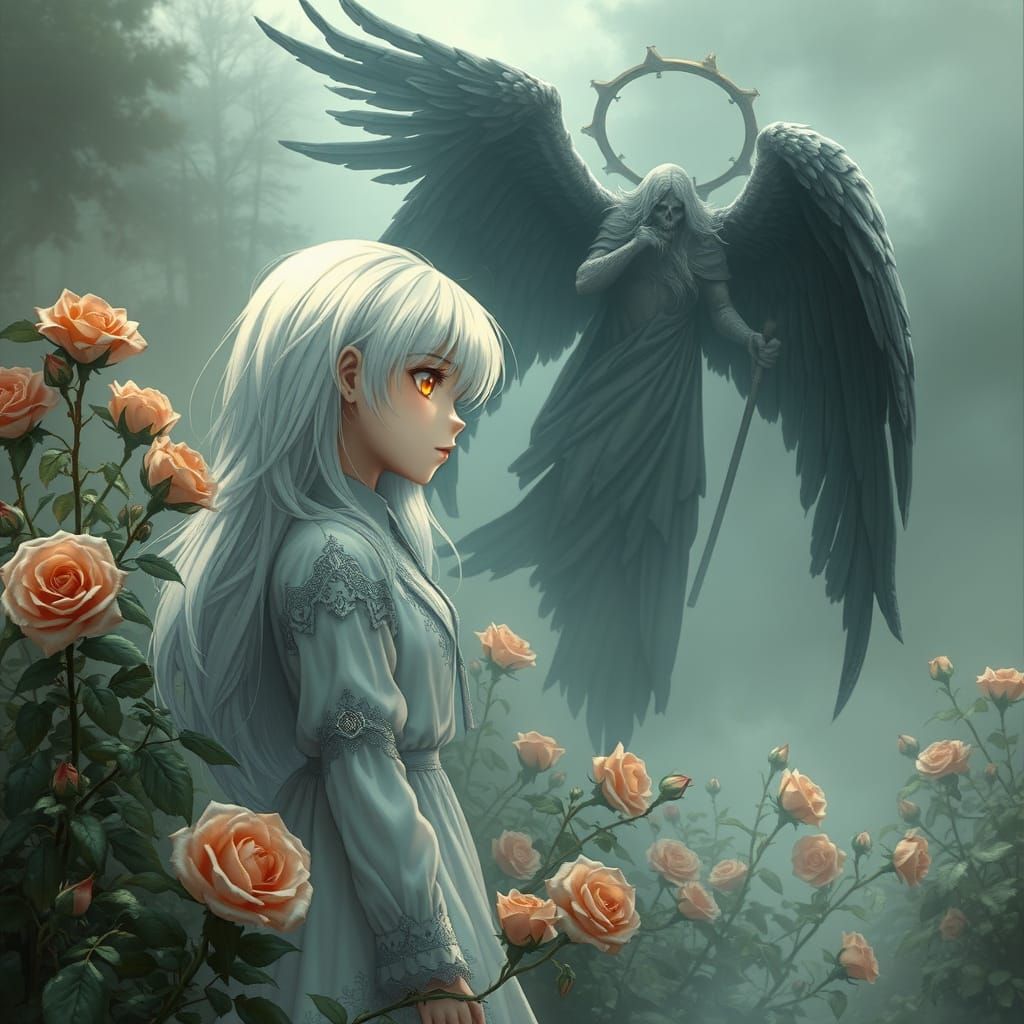 Mystical Angel of Death in a Forgotten Garden