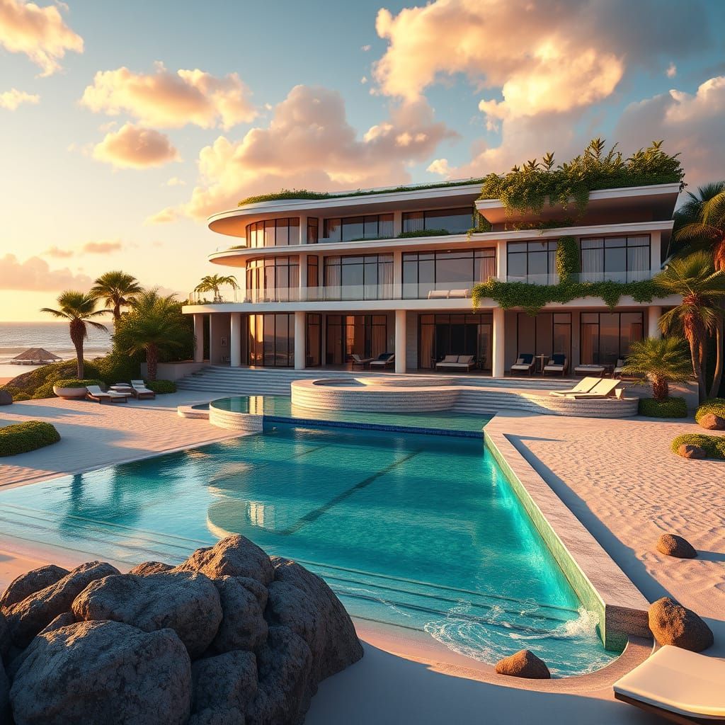 Luxurious Beachside Mansion in Fantasy Concept Art Style