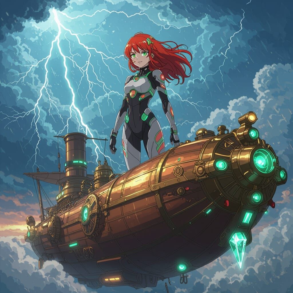 Anime Girl on Steampunk Airship in Art Nouveau Style