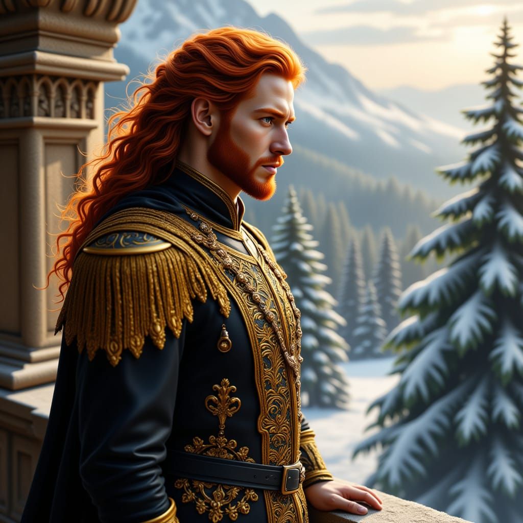 Medieval King Overlooks Snowy Forest in Art Nouveau Style