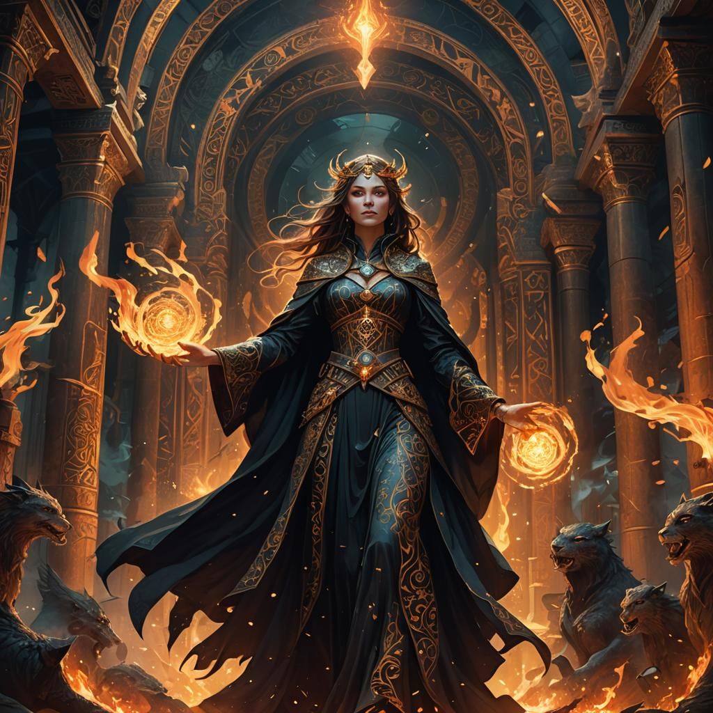 Sorceress Summons Creatures in Dark Fantasy Style