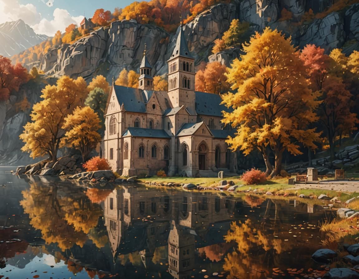 Enchanting Autumn Monastery by the Lake, Digital Art