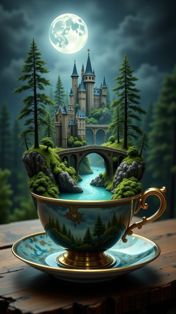 A surreal, cinematic fantasy tableau: a majestic medieval castle rises from a lush emerald forest contained entirely wit...