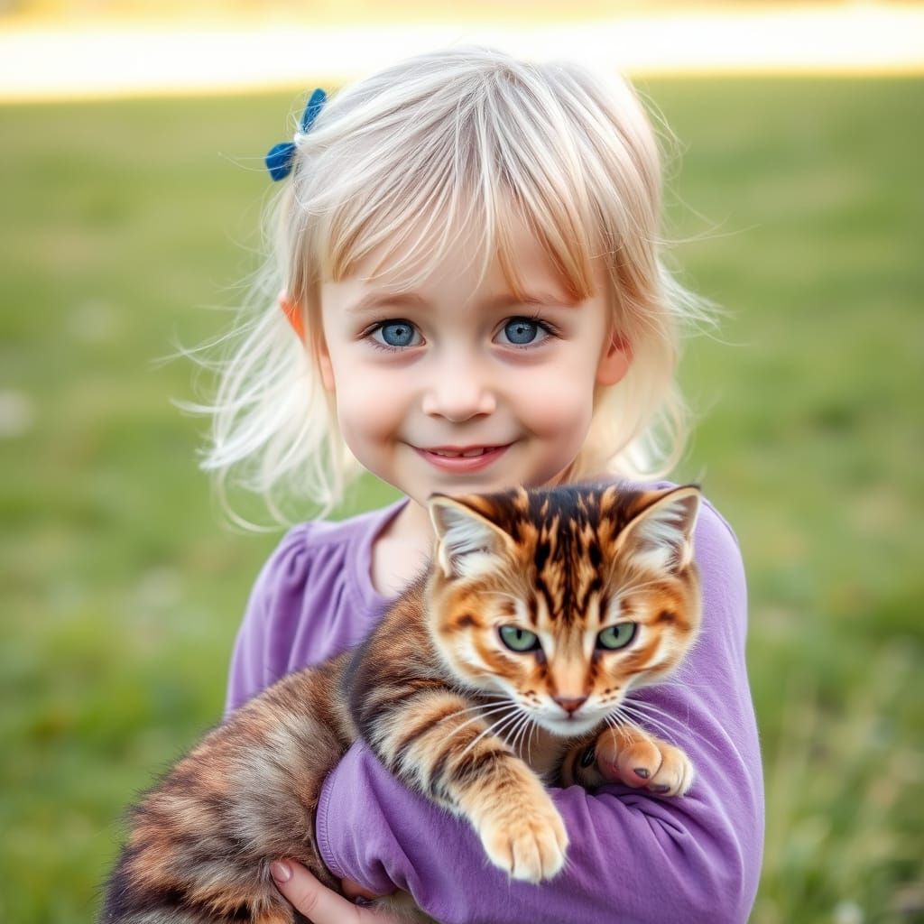 Child with Cat on Grassy Lawn