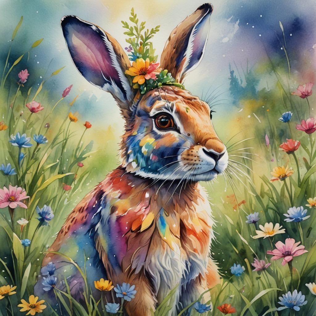 Rainbow Hare Portrait in Watercolor Meadow